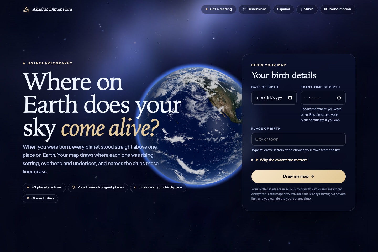 Public astrocartography landing page with a detailed Earth against a star field and an empty birth-details form.