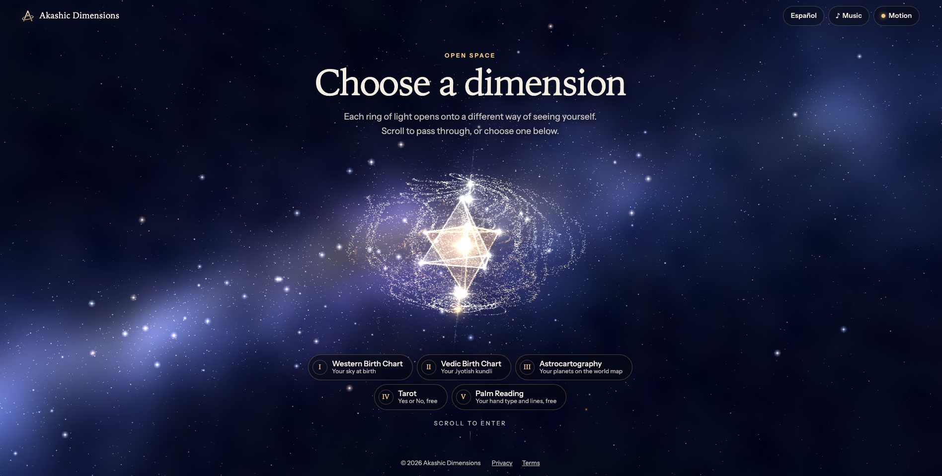 Akashic Dimensions home page with the Choose a dimension heading, a luminous star tetrahedron, and entry points to all five dimensions against a star-filled sky.
