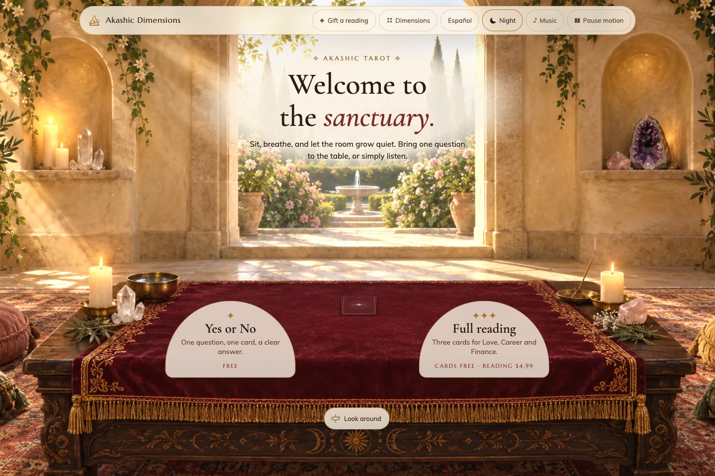 Akashic Tarot’s sunlit sanctuary, with a garden fountain, candles, a velvet-covered table, and the free and complete reading choices.