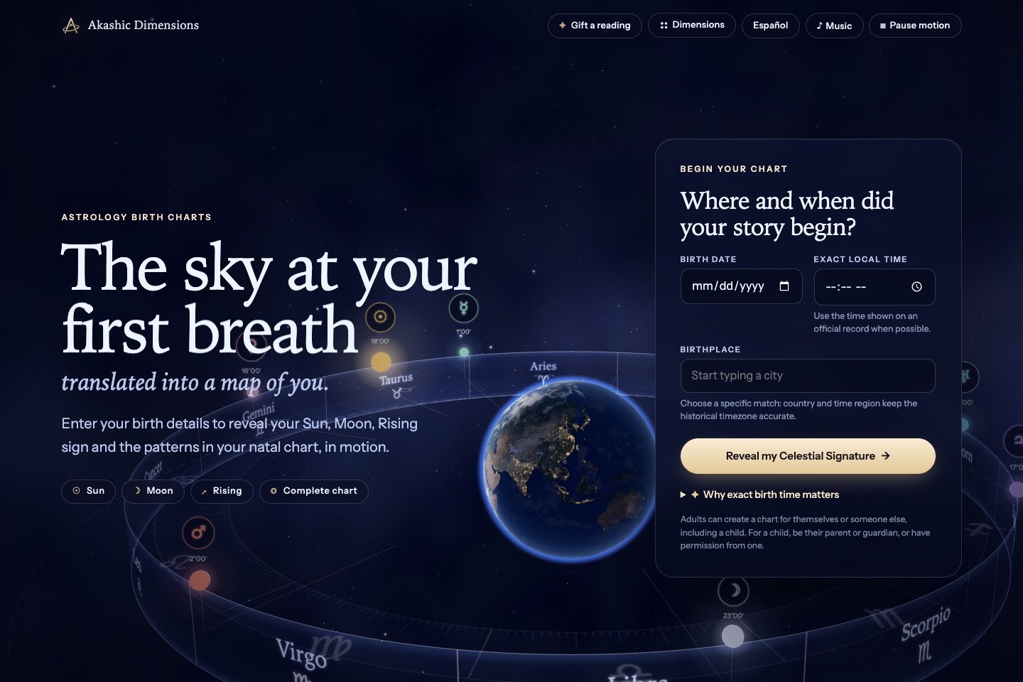 Public Western birth-chart landing page with an Earth and zodiac scene and an empty birth-details form.