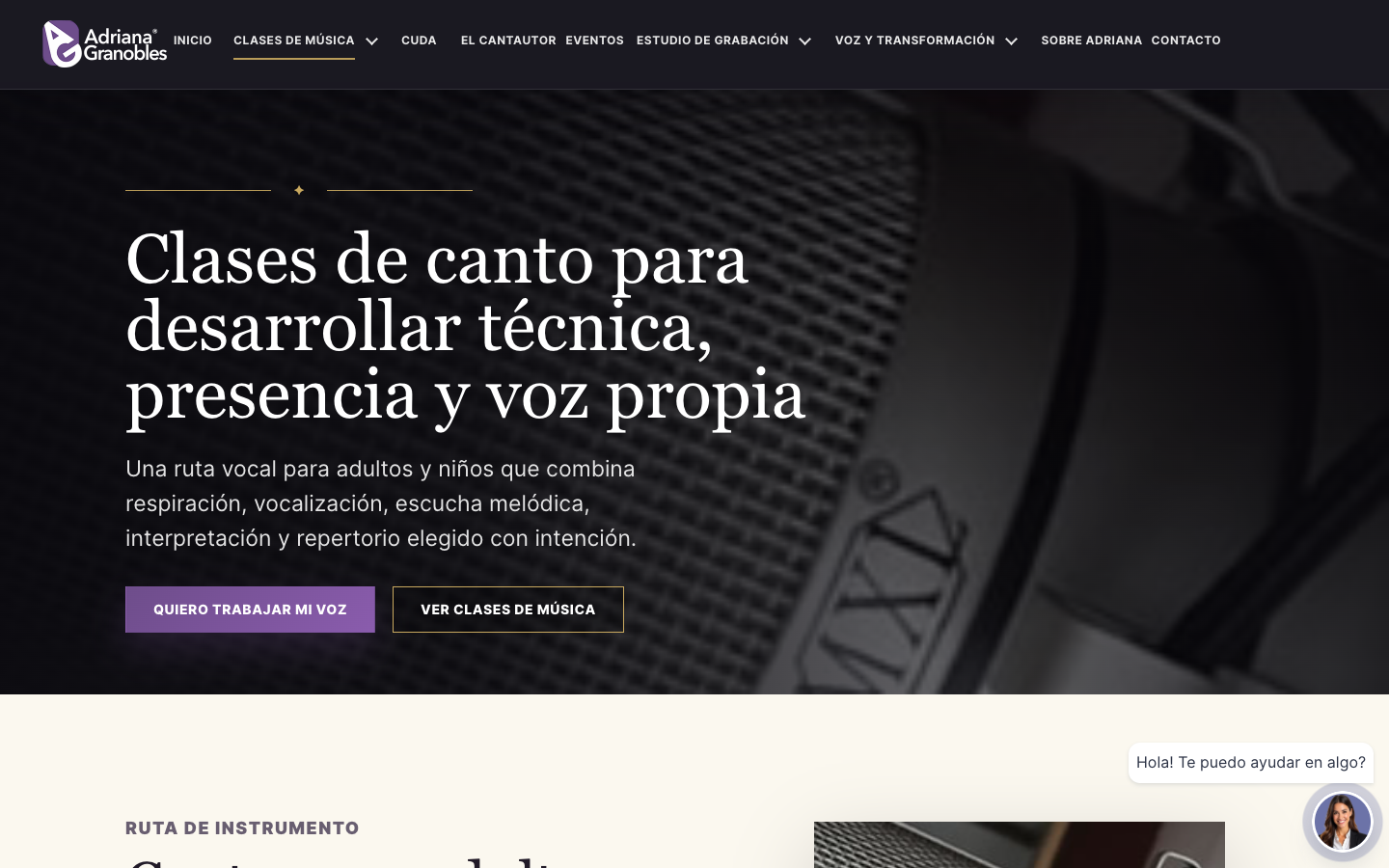 Singing classes landing page with a focused headline, program path, and current assistant surface.