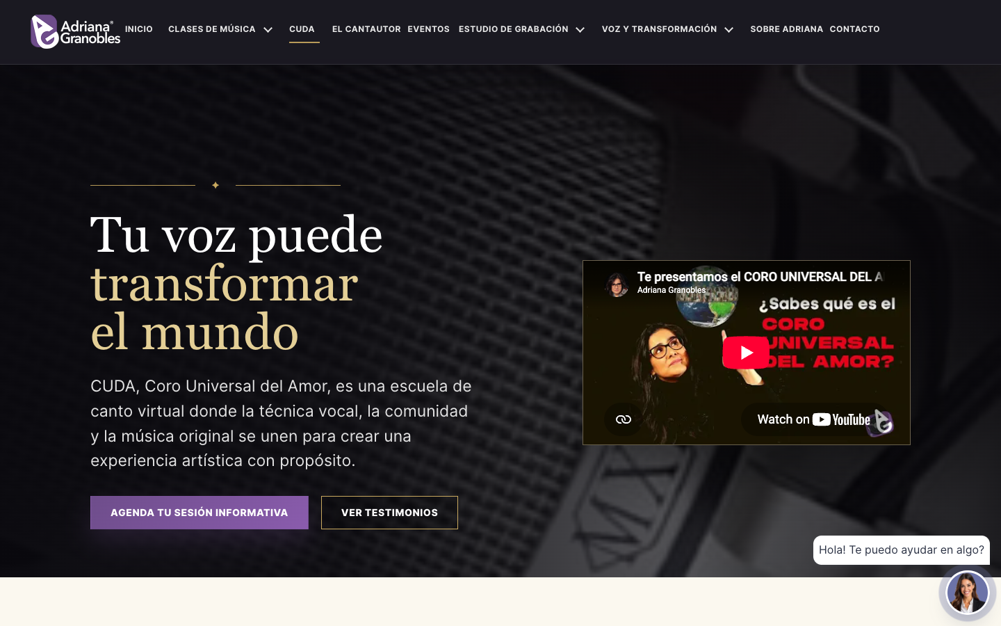 CUDA online choir program page with video, program positioning, calls to action, and the current assistant surface.