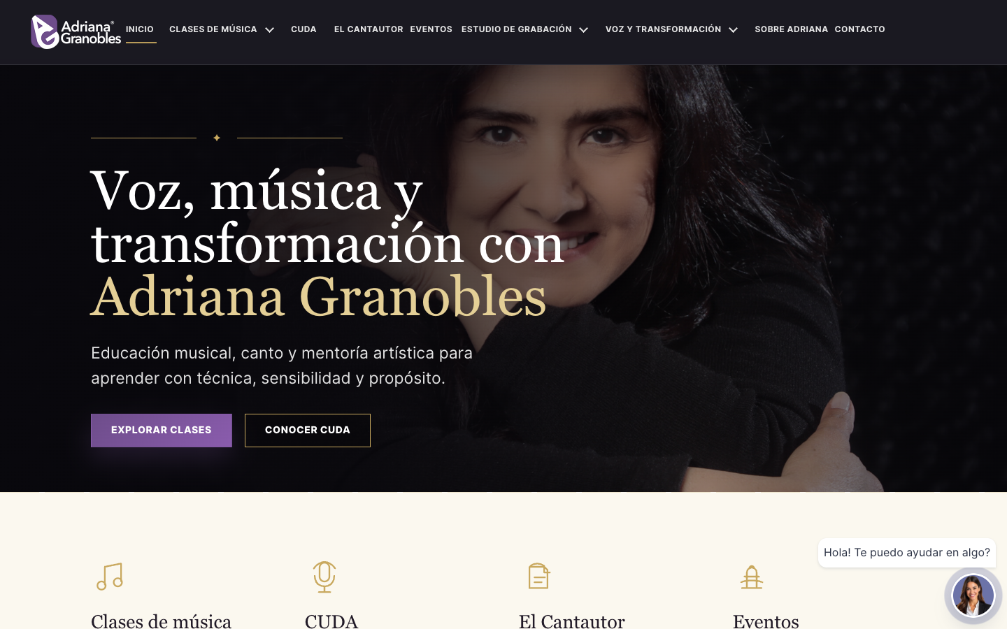Adriana Granobles homepage with portrait-led positioning, navigation to core offers, and the current assistant surface.