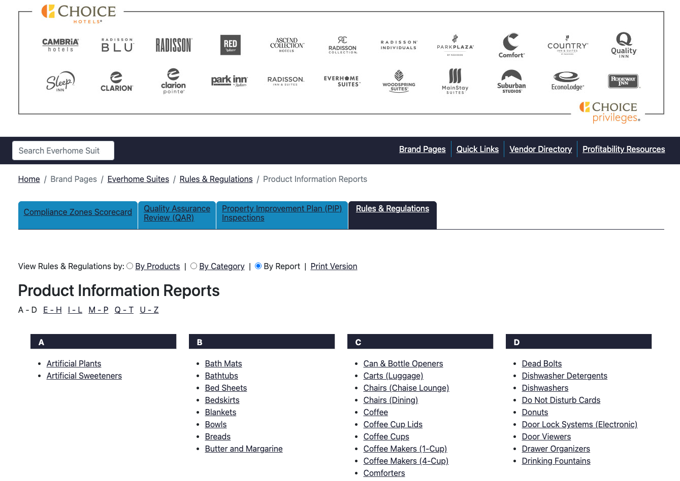 ChoiceBuys Product Information Reports page showing hotel brand navigation and alphabetized product report links.