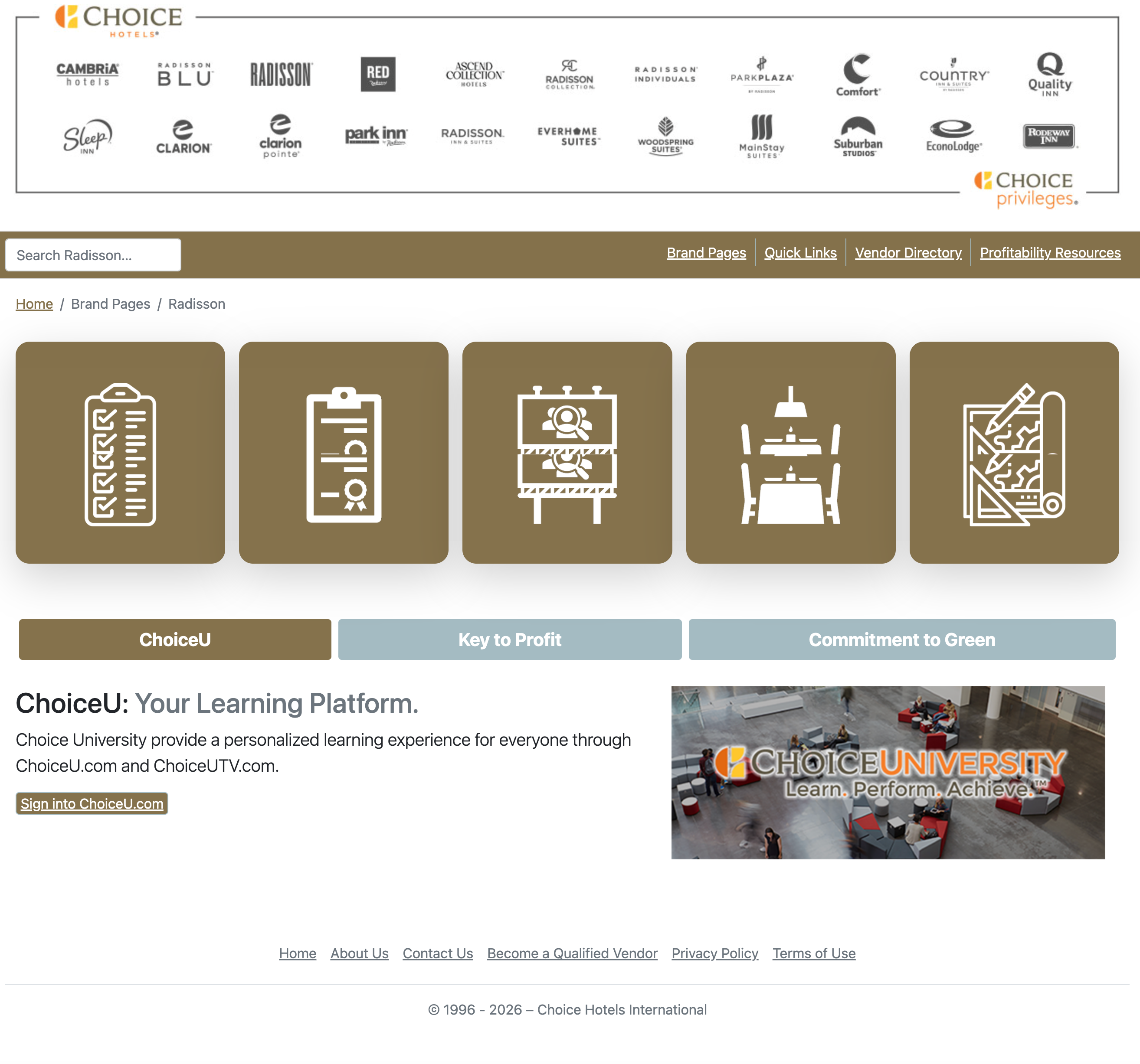 Integrated Choice Hotels brand hub showing Radisson portfolio brands, shared navigation, and brand-specific resources.
